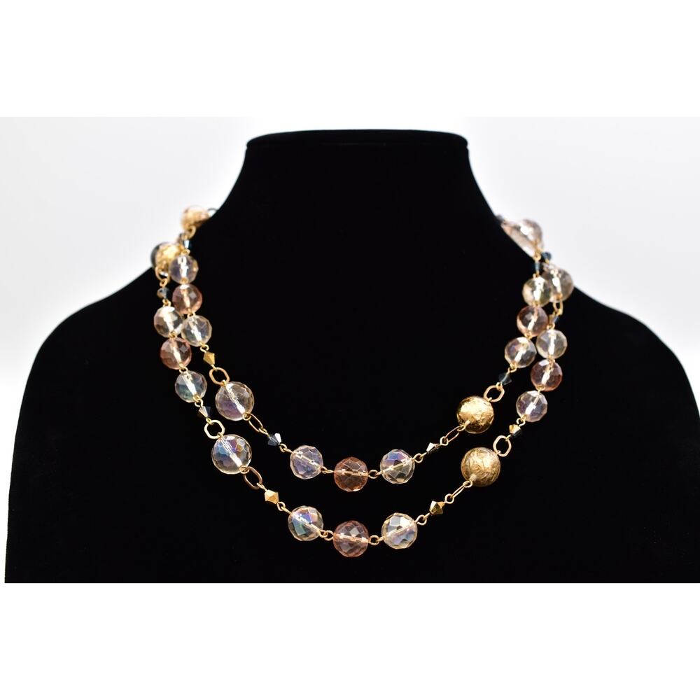 Vintage Y2K Faceted Glass Bead Necklace Double Strand Gold 21” Soft Glam Bin3B